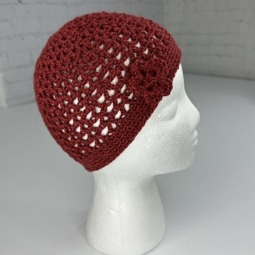 Created by Cyd Handmade Clem Crochet Beanie Red Flower Accent Mesh Hat Women NEW